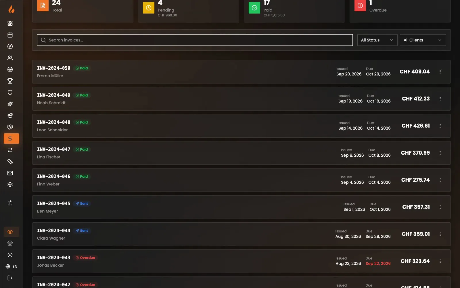 The invoice list: paid, sent and overdue invoices with amounts and due dates
