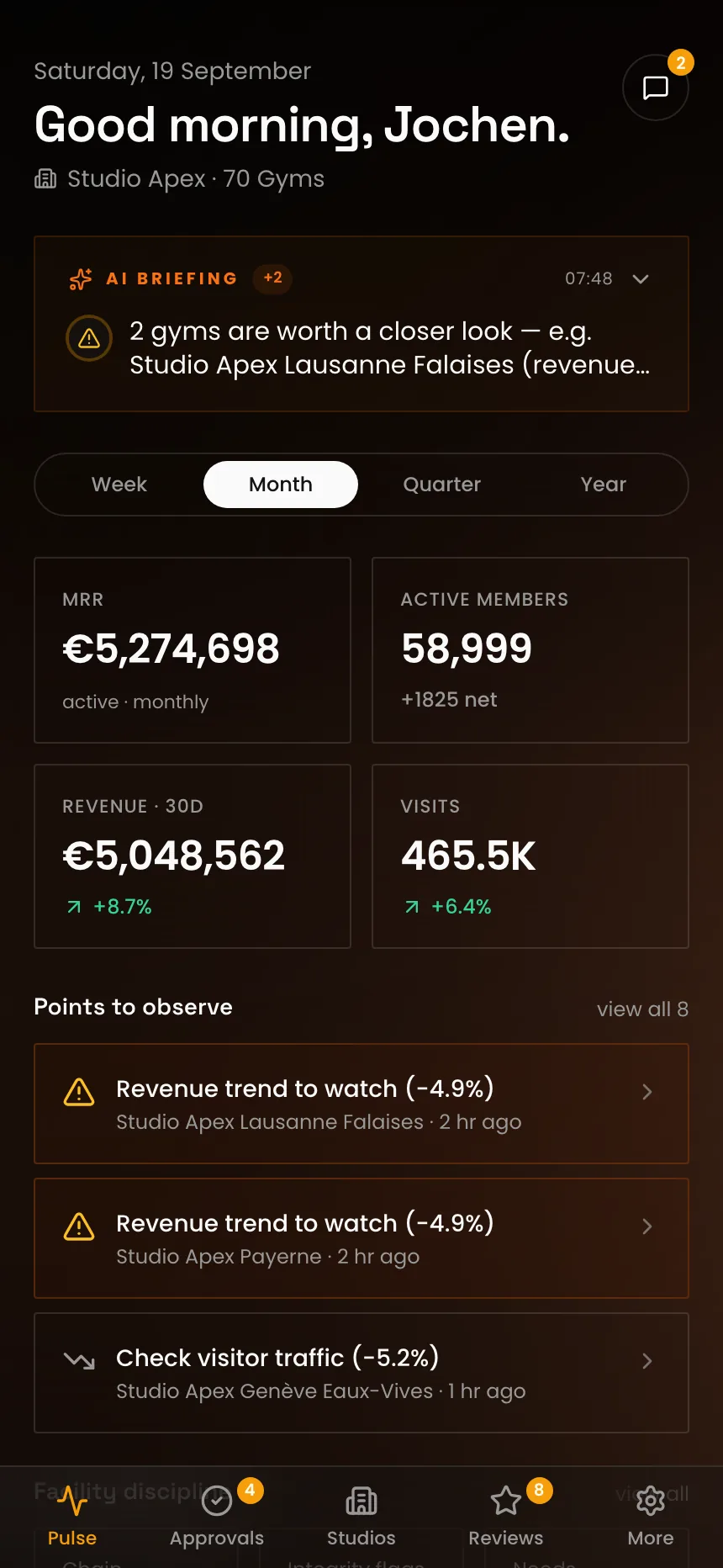 The owner's view on a phone: the gym's numbers and the points that deserve a look (demo data)