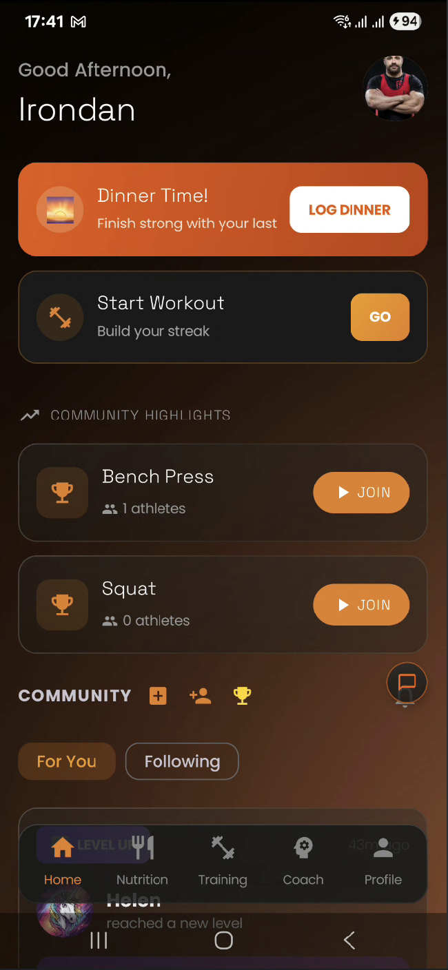 Mitglieder-App: Startseite mit Training, Ernährung und Community