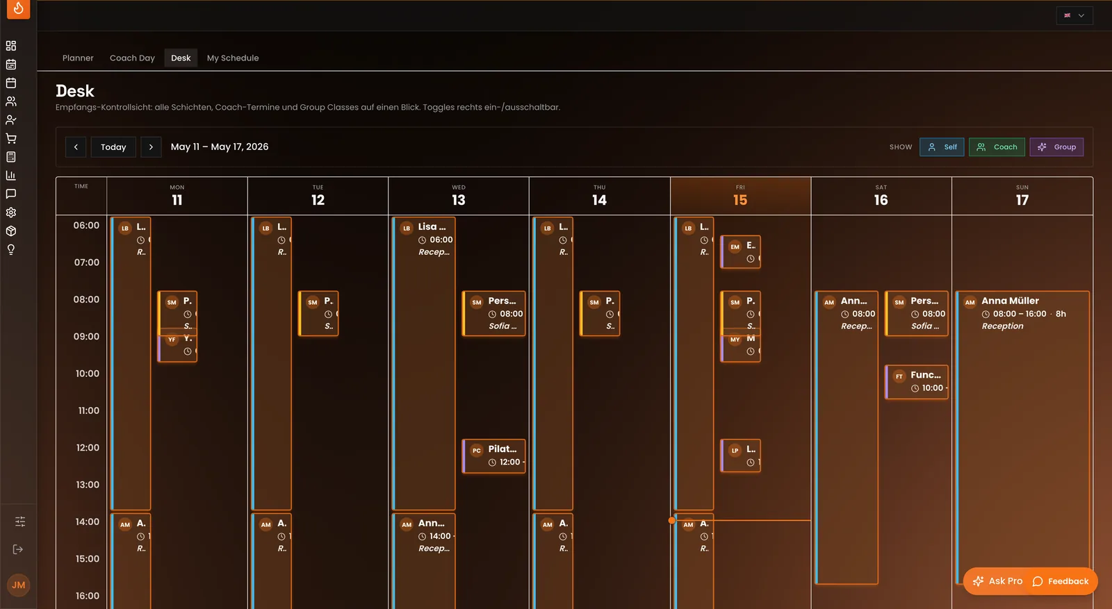 The reception desk view: the week's shifts, coach sessions and group classes on one screen (demo data)