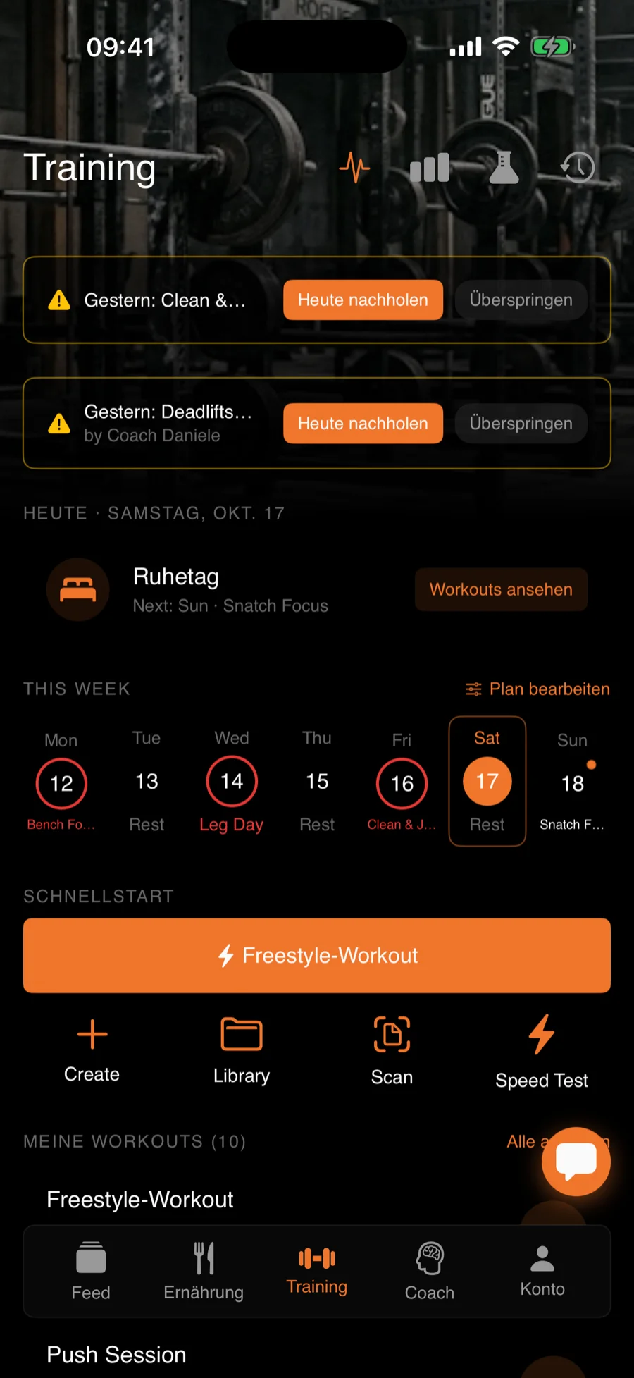 Spieler-App: Trainingswoche, verpasste Einheiten nachholen, Schnellstart